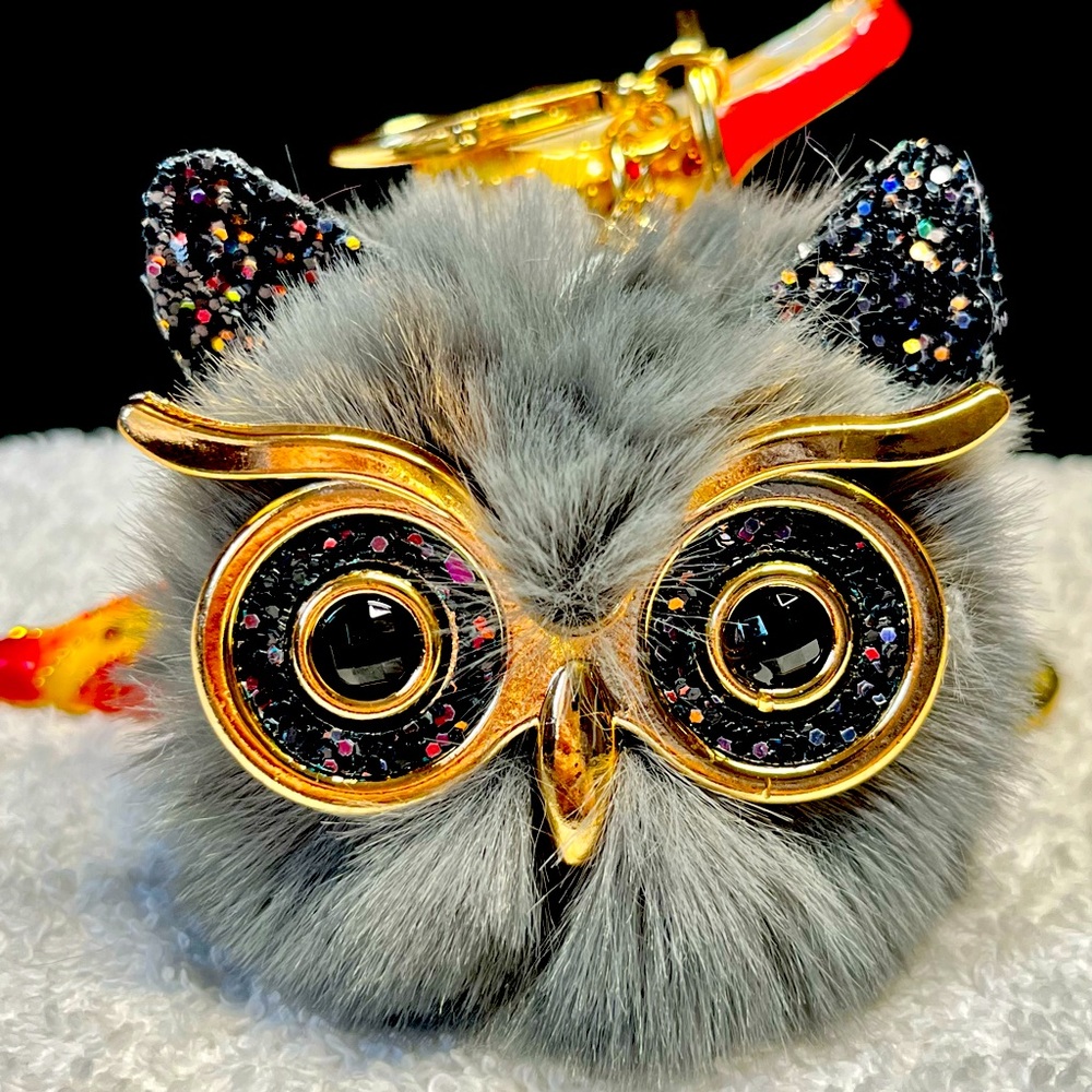 🦉🖤adorable furry purse bling key chain with iridescent black and gold accent